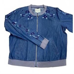 NWOT Copper Key Chambray Floral Embroidered Zip Up Bomber Jacket- Size Large